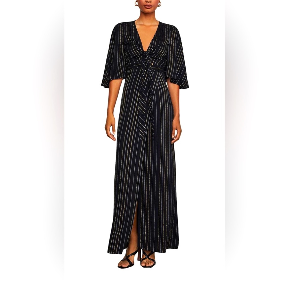 BCBG Striped Metallic Maxi Dress. Black w/Silver and Gold. Size M.